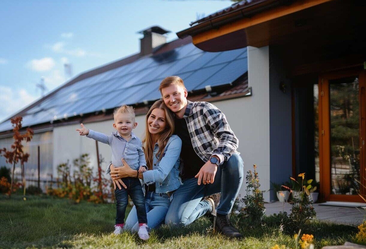Familie vor einem Haus mit Garten und PV-Anlage am Dach